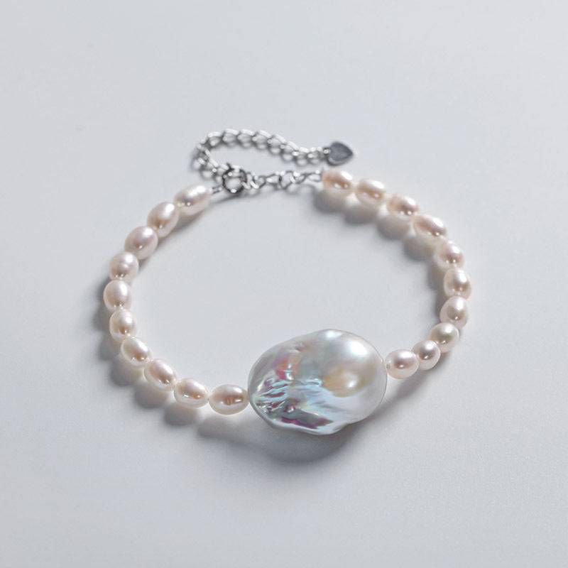 Baroque and Rice Pearl Necklace and Bracelet Set with Adjustable Chains