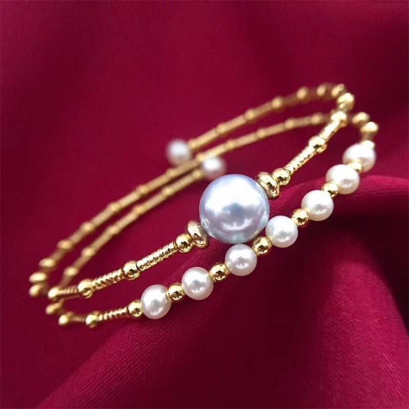 Dual-Layer Gold Beaded Grey Freshwater Pearl Bracelet
