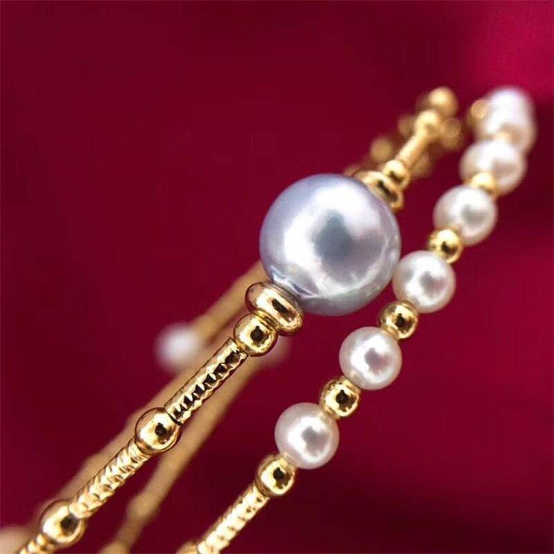 Dual-Layer Gold Beaded Grey Freshwater Pearl Bracelet
