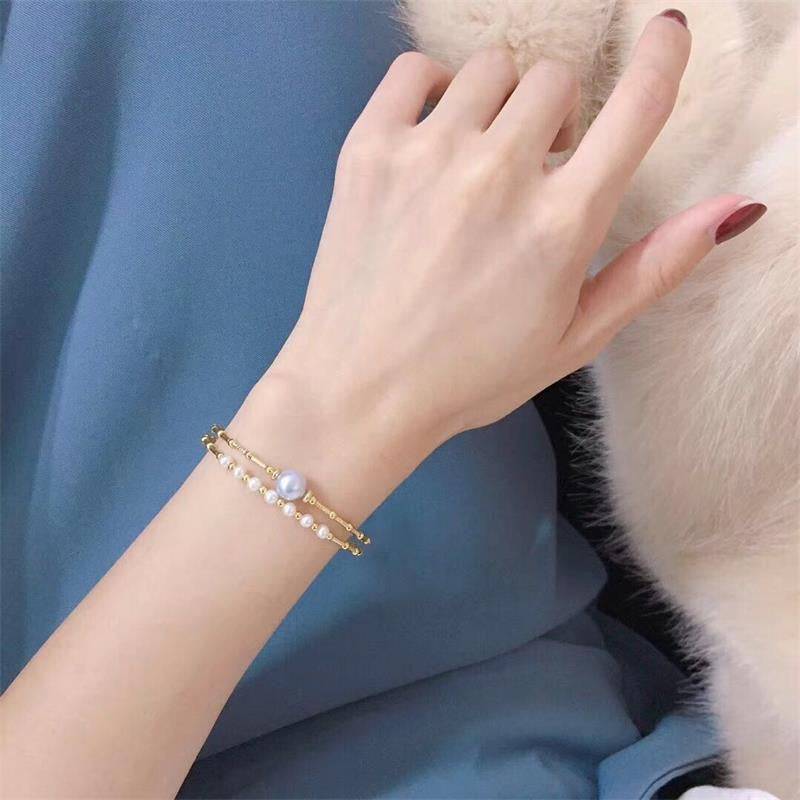Dual-Layer Gold Beaded Grey Freshwater Pearl Bracelet