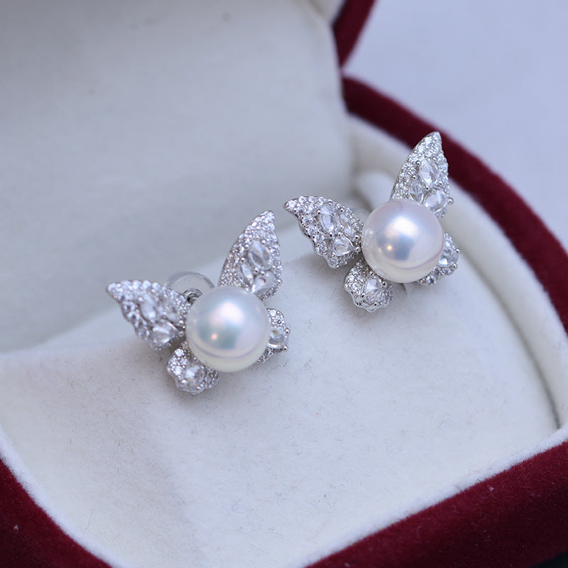 8-9mm Freshwater Pearl Butterfly &Cubic Zirconia Earrings