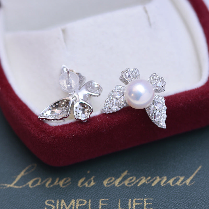 8-9mm Freshwater Pearl Butterfly &Cubic Zirconia Earrings
