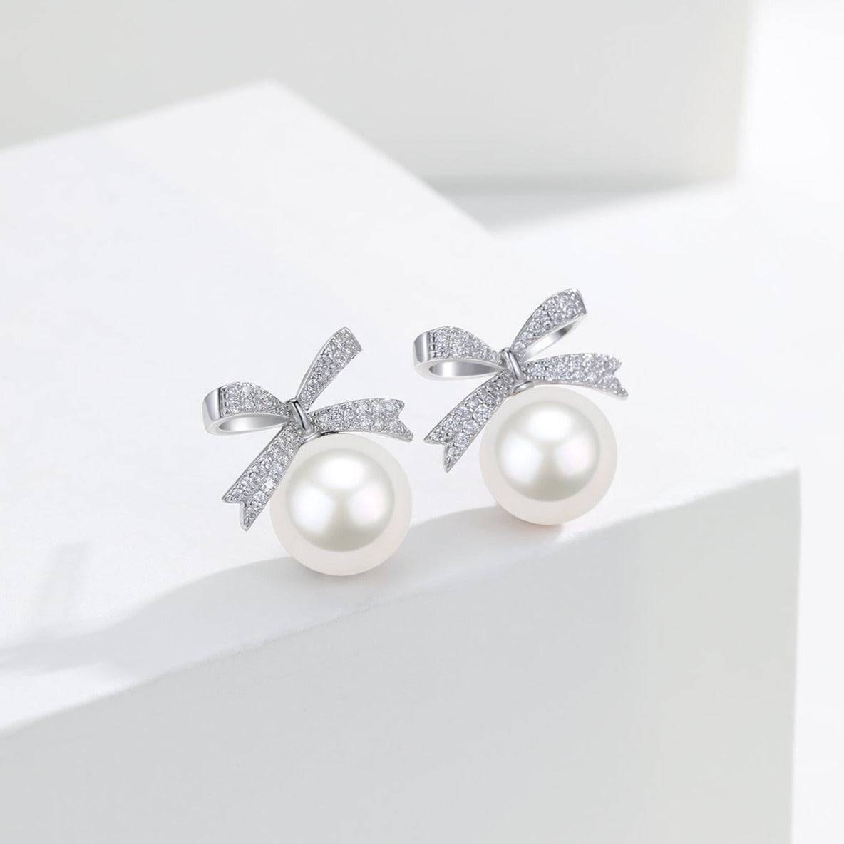10-11mm Freshwater Pearl CZ Bowknot Earrings