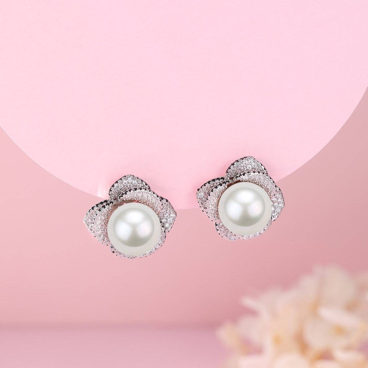 10-11mm Freshwater Pearl & Miya CZ Floral Earrings