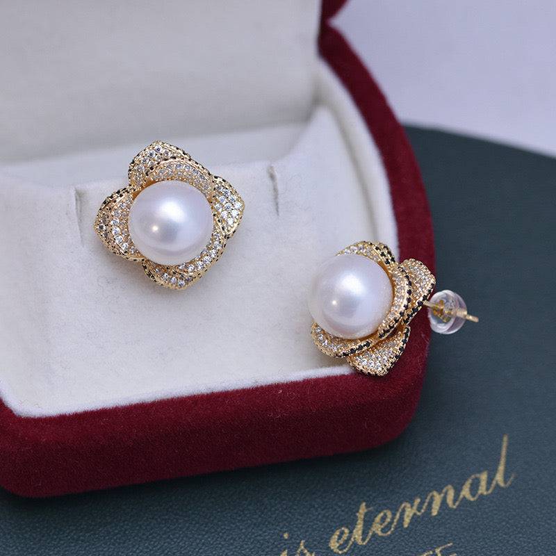 10-11mm Freshwater Pearl & Miya CZ Floral Earrings