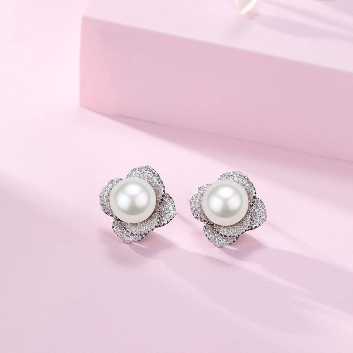 10-11mm Freshwater Pearl & Miya CZ Floral Earrings