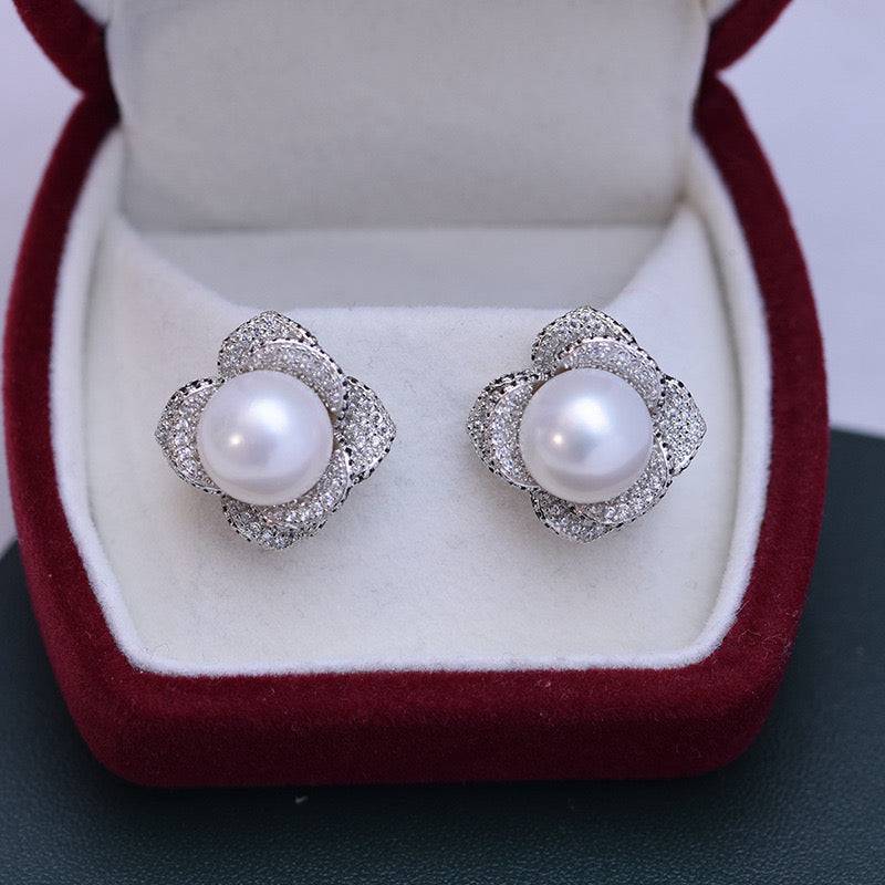 10-11mm Freshwater Pearl & Miya CZ Floral Earrings