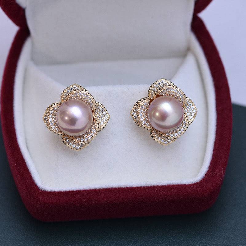 10-11mm Freshwater Pearl & Miya CZ Floral Earrings