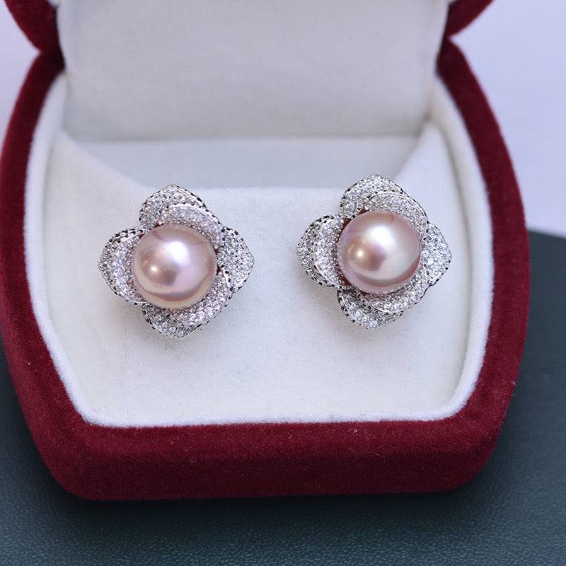 10-11mm Freshwater Pearl & Miya CZ Floral Earrings