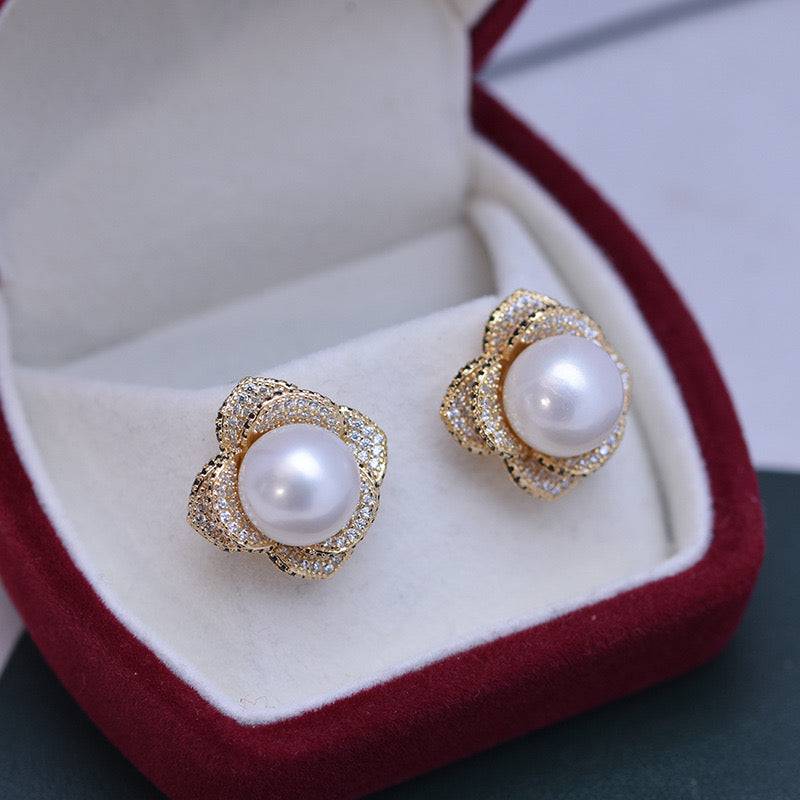10-11mm Freshwater Pearl & Miya CZ Floral Earrings