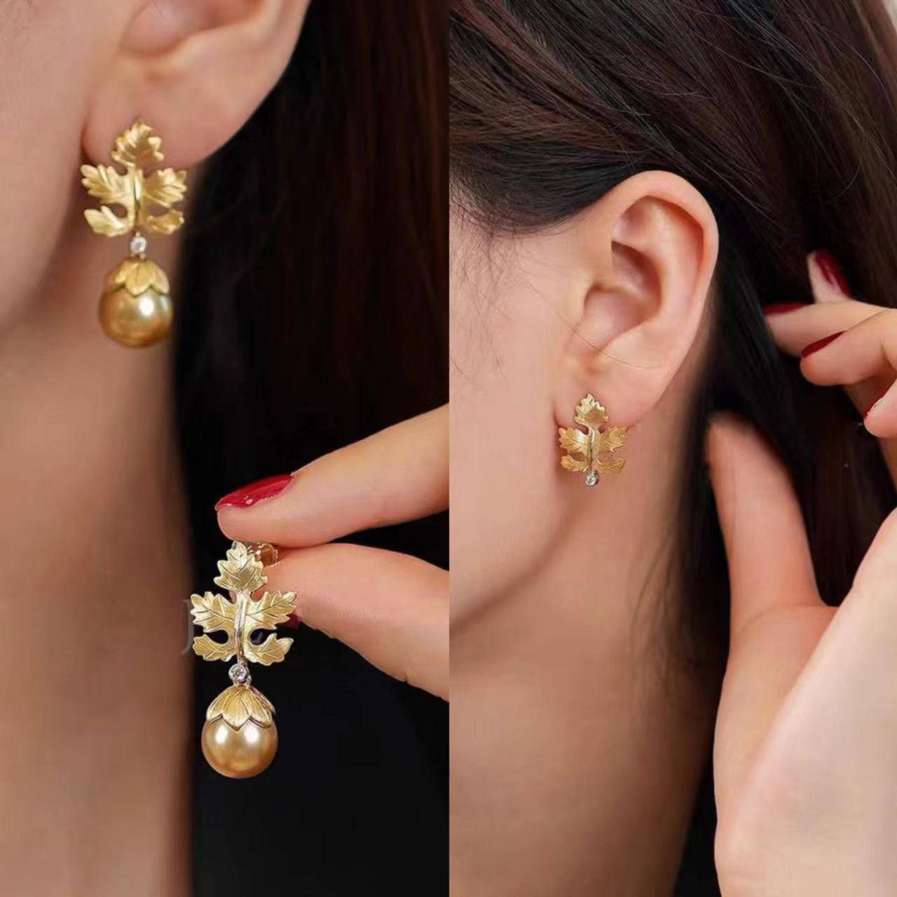 10-11mm Golden South Sea Baroque Pearl & Maple Leaf Earrings