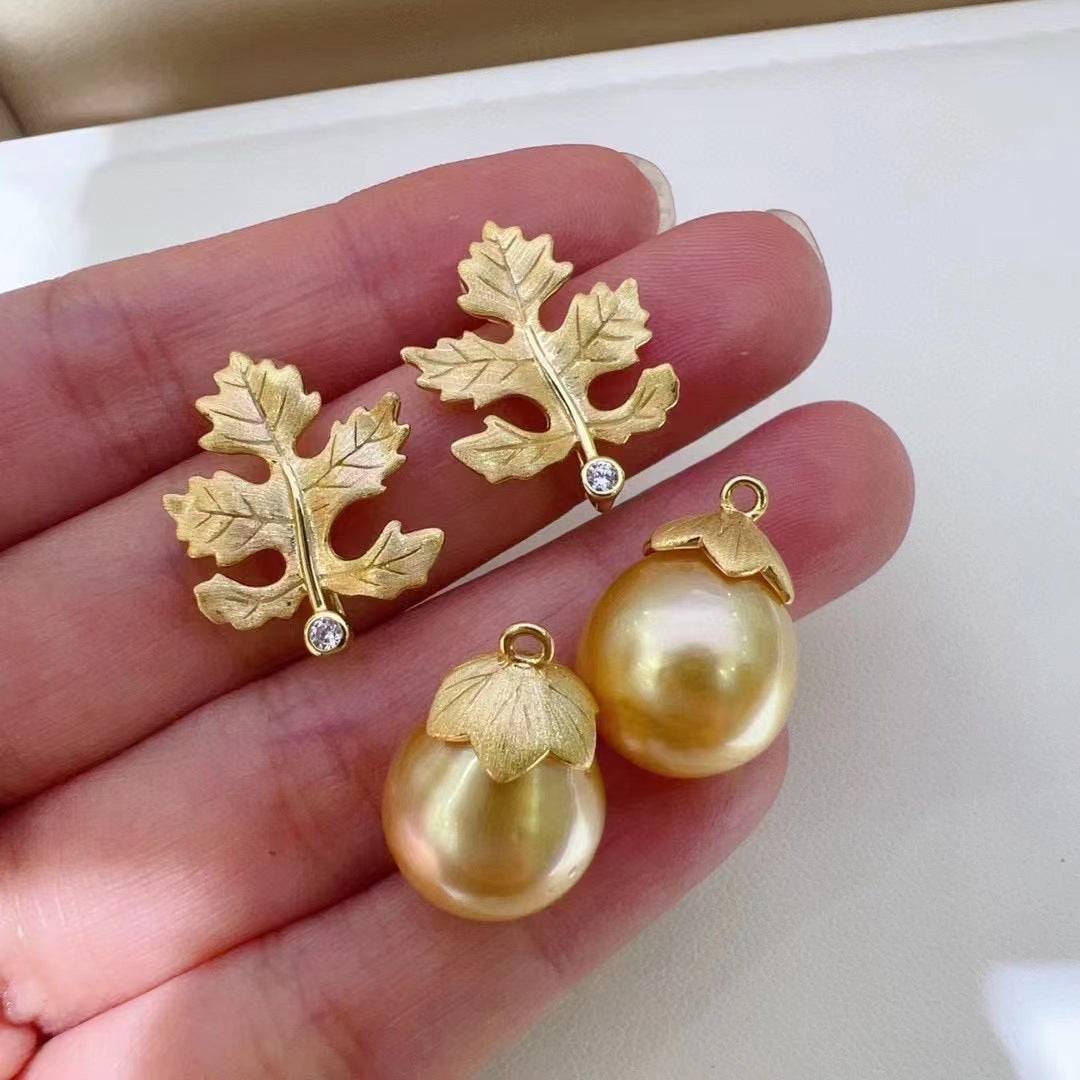 10-11mm Golden South Sea Baroque Pearl & Maple Leaf Earrings