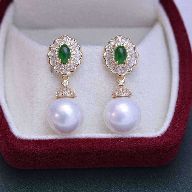 11-12mm Pearl CZ Green Gems Earrings