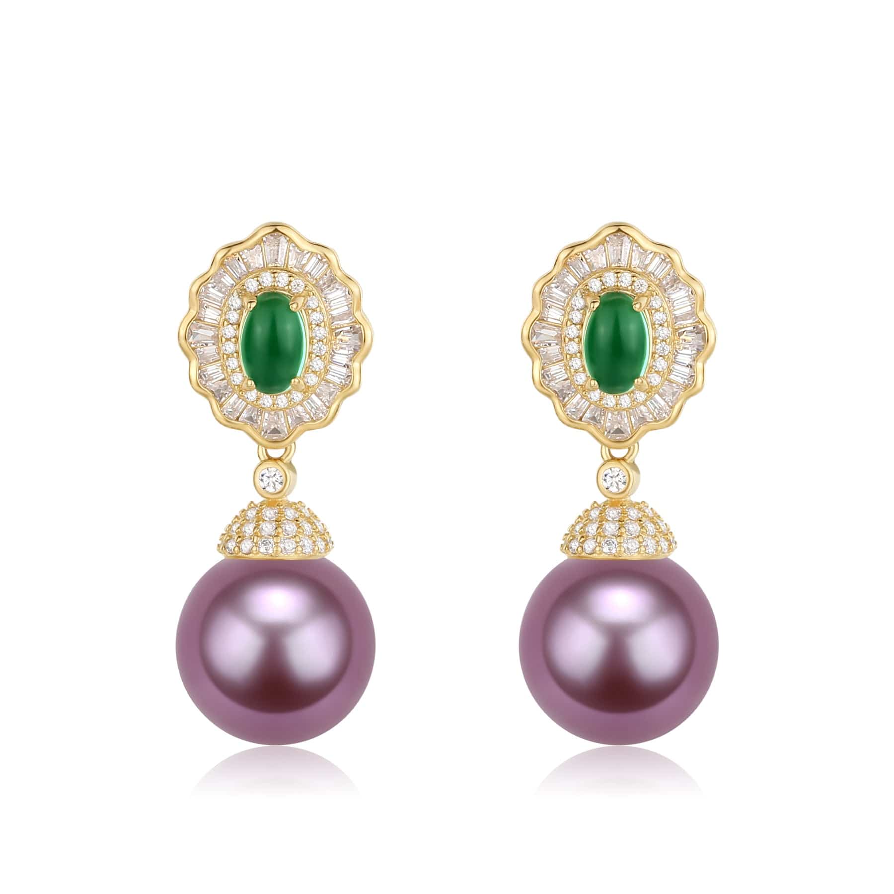 11-12mm Pearl CZ Green Gems Earrings