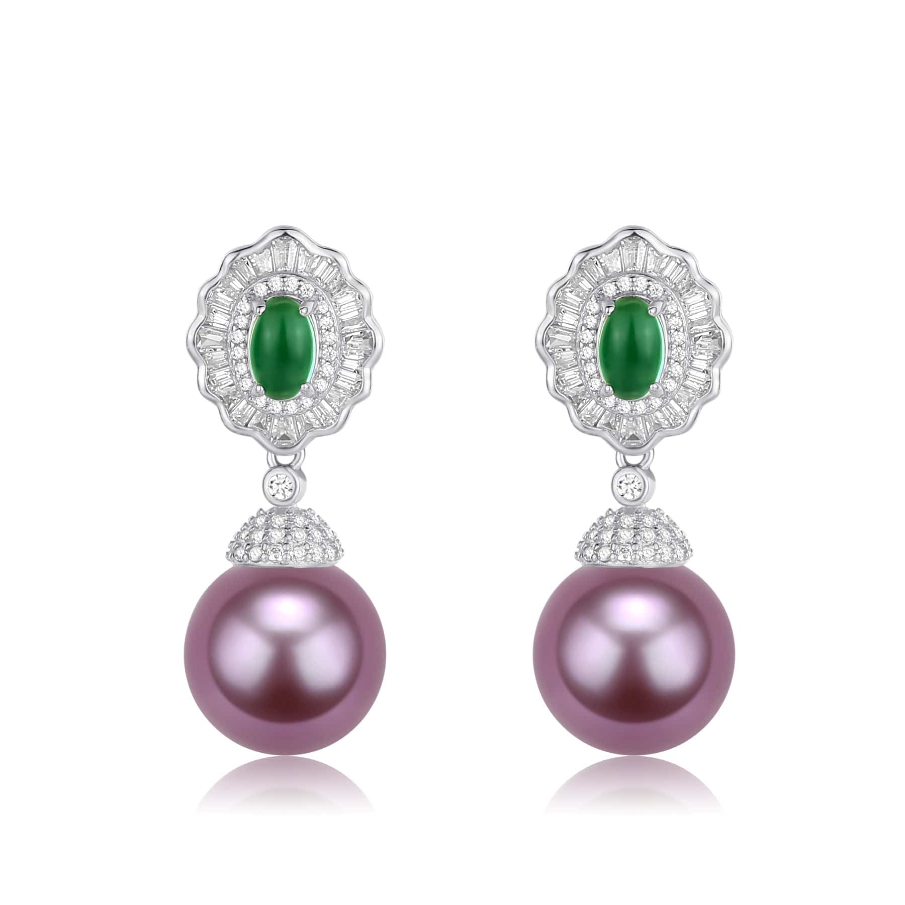 11-12mm Pearl CZ Green Gems Earrings
