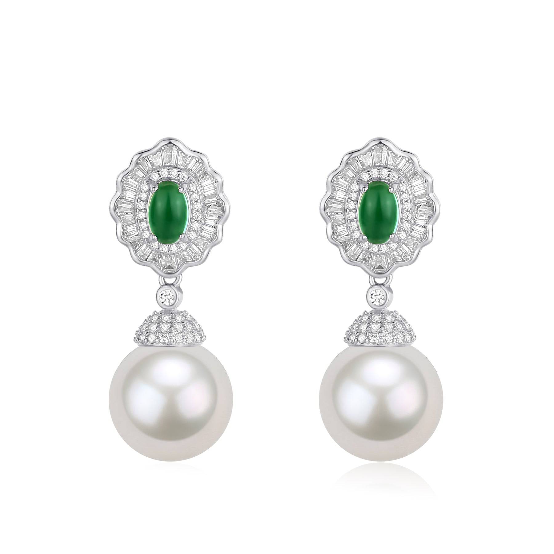 11-12mm Pearl CZ Green Gems Earrings