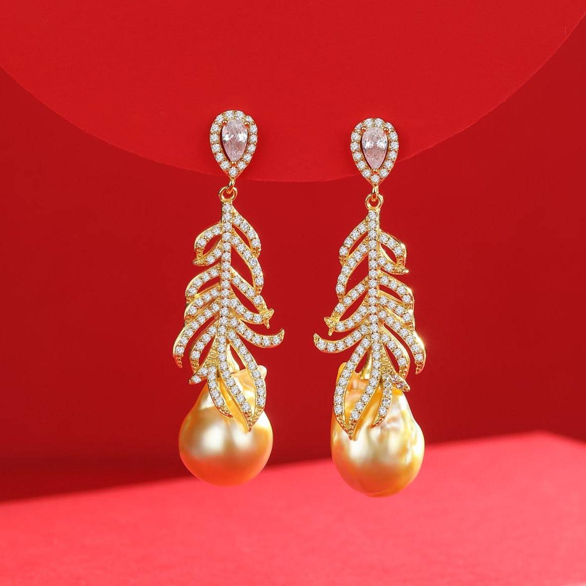 12-14mm Champagne Golden South Sea Baroque Pearl & Feather Earrings