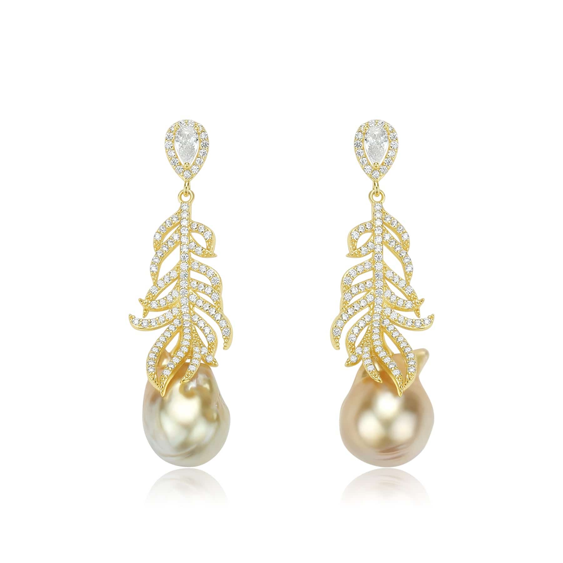 12-14mm Champagne Golden South Sea Baroque Pearl & Feather Earrings