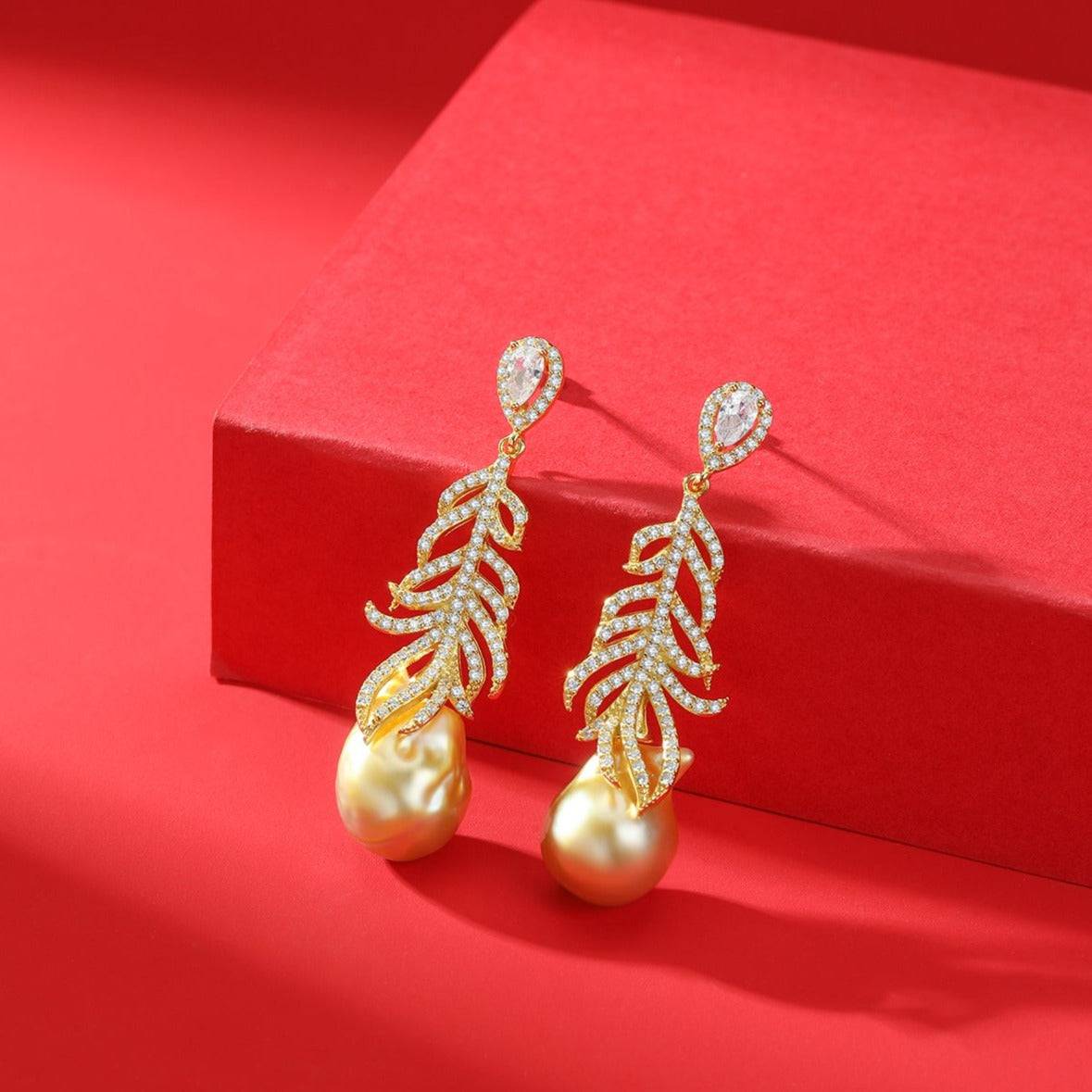 12-14mm Champagne Golden South Sea Baroque Pearl & Feather Earrings