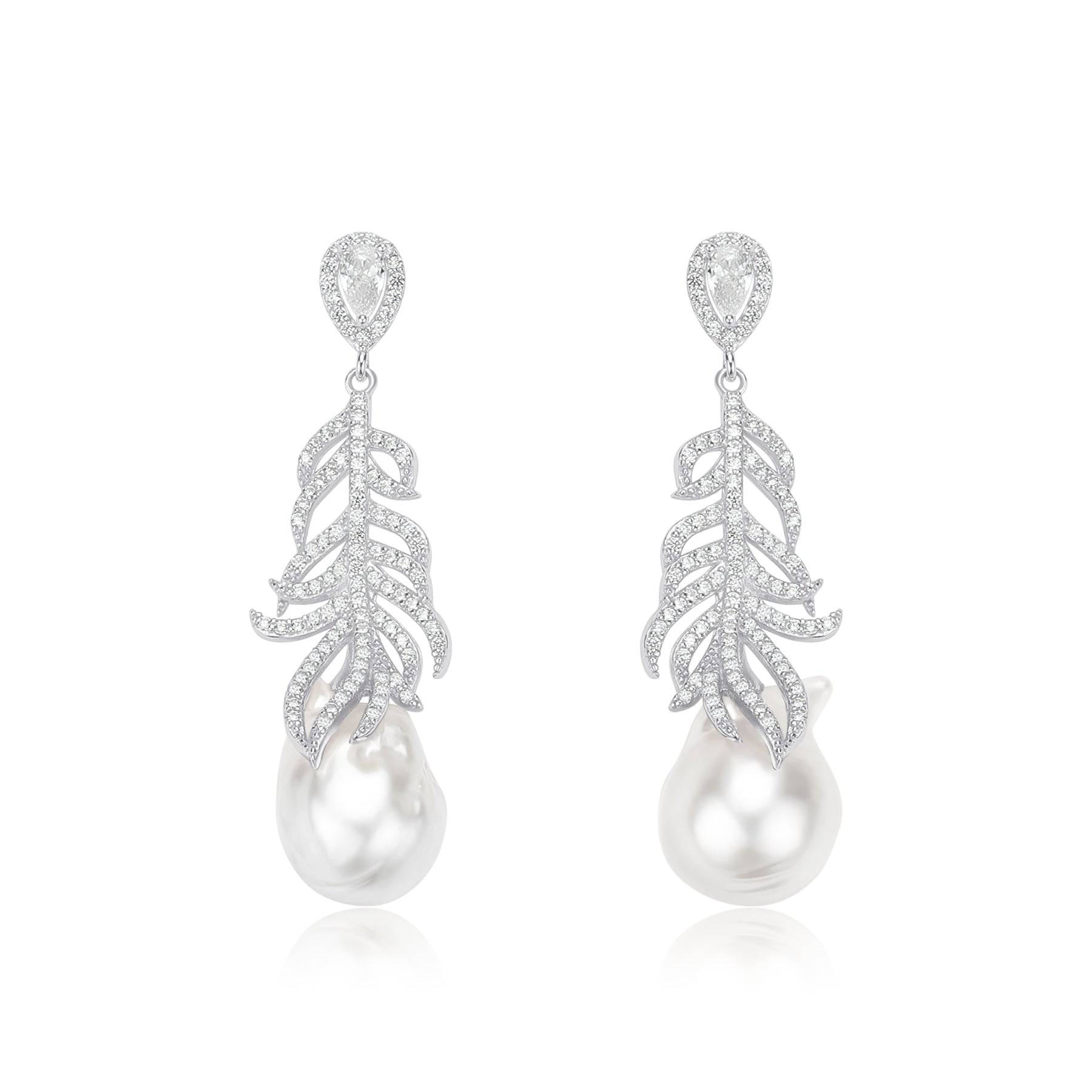 12-14mm White South Sea Baroque Pearl & Feather Earrings