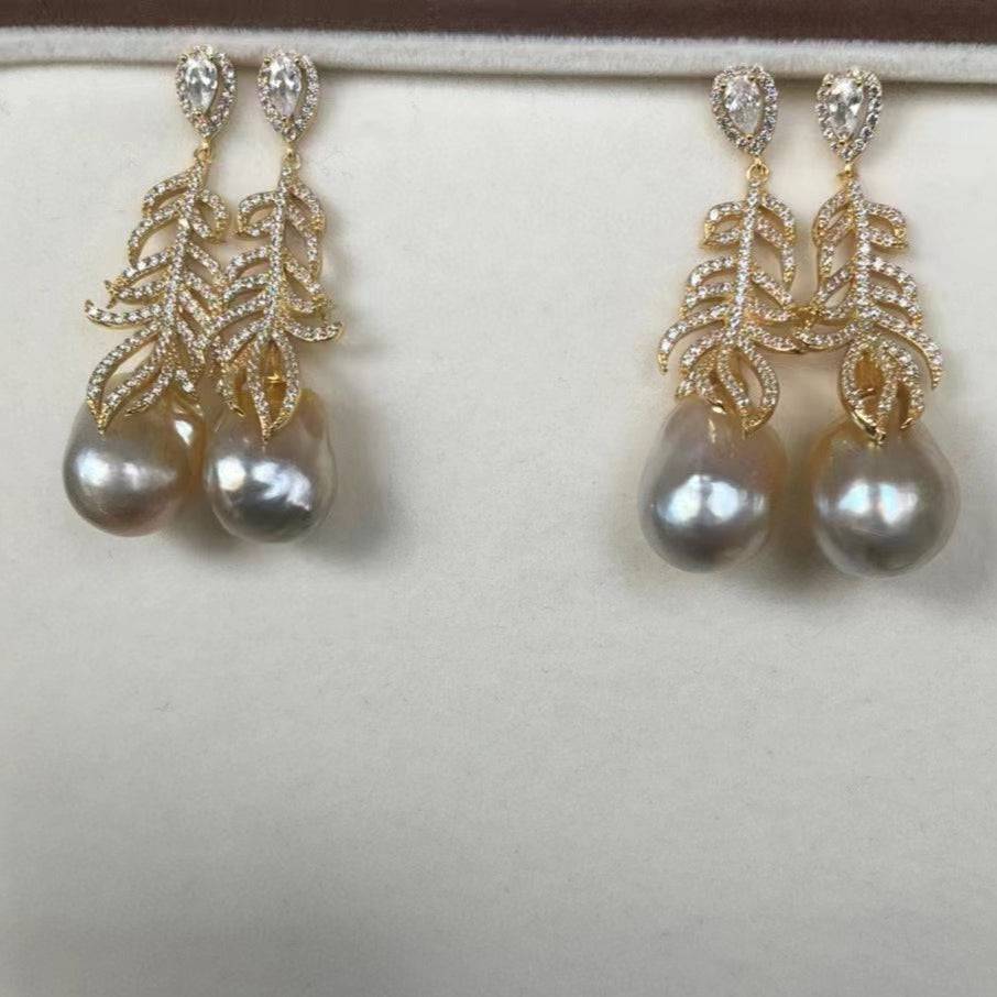 12-14mm White South Sea Baroque Pearl & Feather Earrings