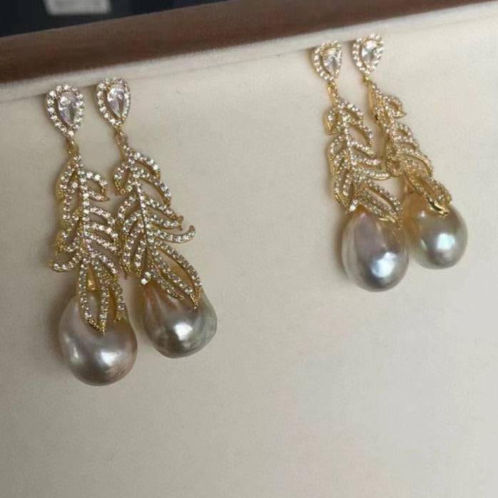 12-14mm White South Sea Baroque Pearl & Feather Earrings