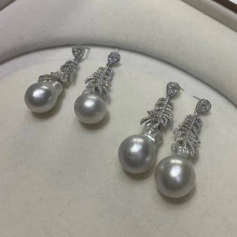 12-14mm White South Sea Baroque Pearl & Feather Earrings