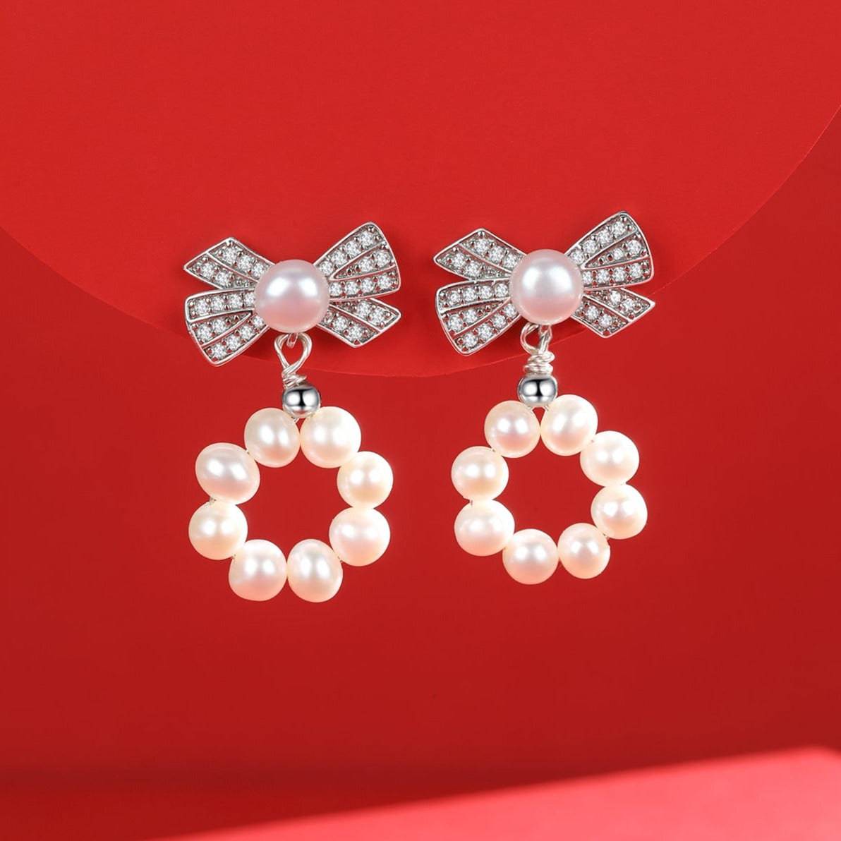 5-6mm Freshwater Pearl Wreath CZ Earrings