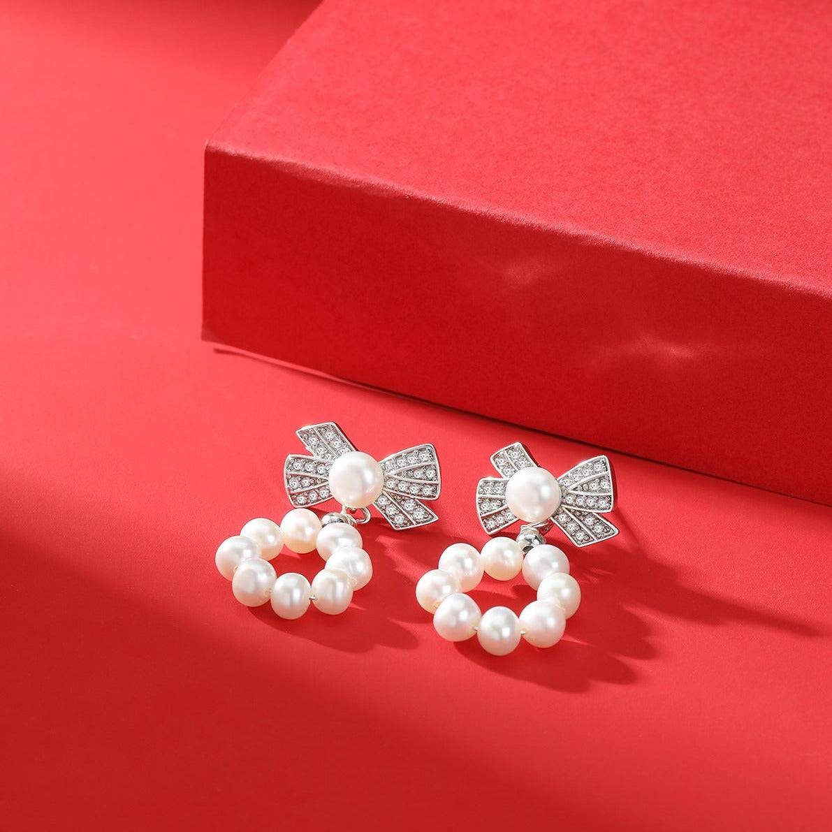 5-6mm Freshwater Pearl Wreath CZ Earrings