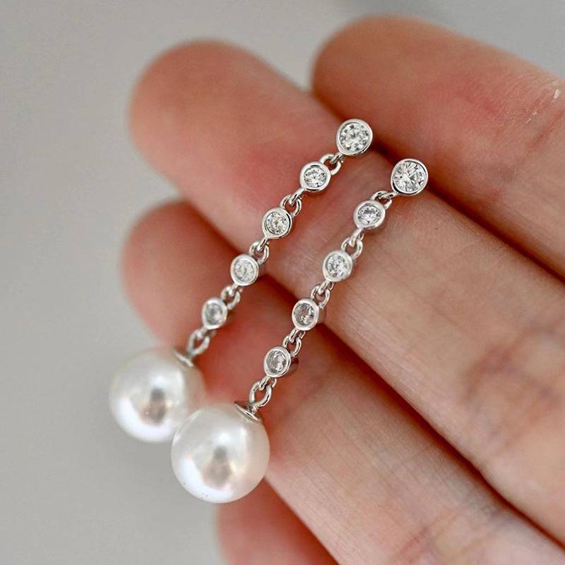 6-7mm Freshwater Pearl & Long Drop Cubic Zirconia Earrings