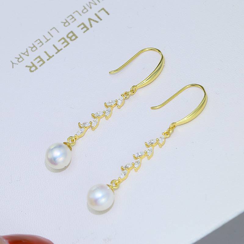 8-9mm Freshwater Pearl & Long Leaf Cubic Zirconia Earrings
