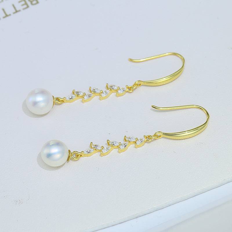 8-9mm Freshwater Pearl & Long Leaf Cubic Zirconia Earrings