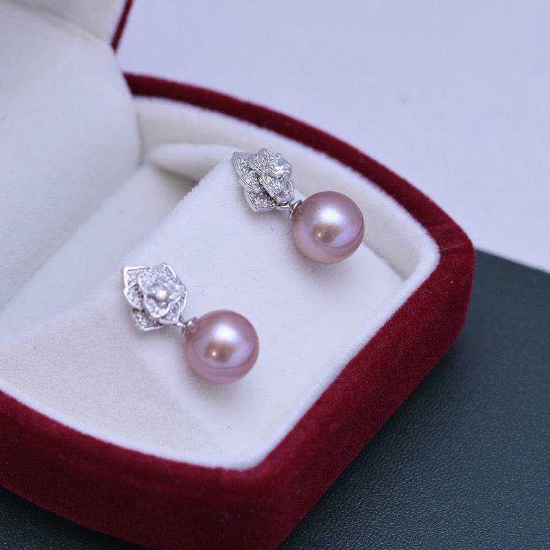 9-10mm Purple Freshwater Pearl & Floral Earrings