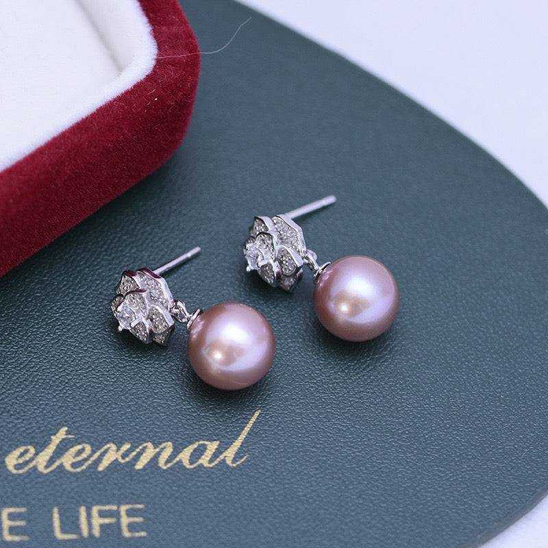 9-10mm Purple Freshwater Pearl & Floral Earrings
