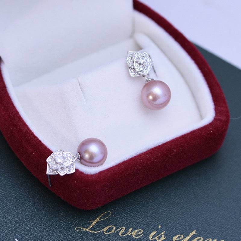 9-10mm Purple Freshwater Pearl & Floral Earrings