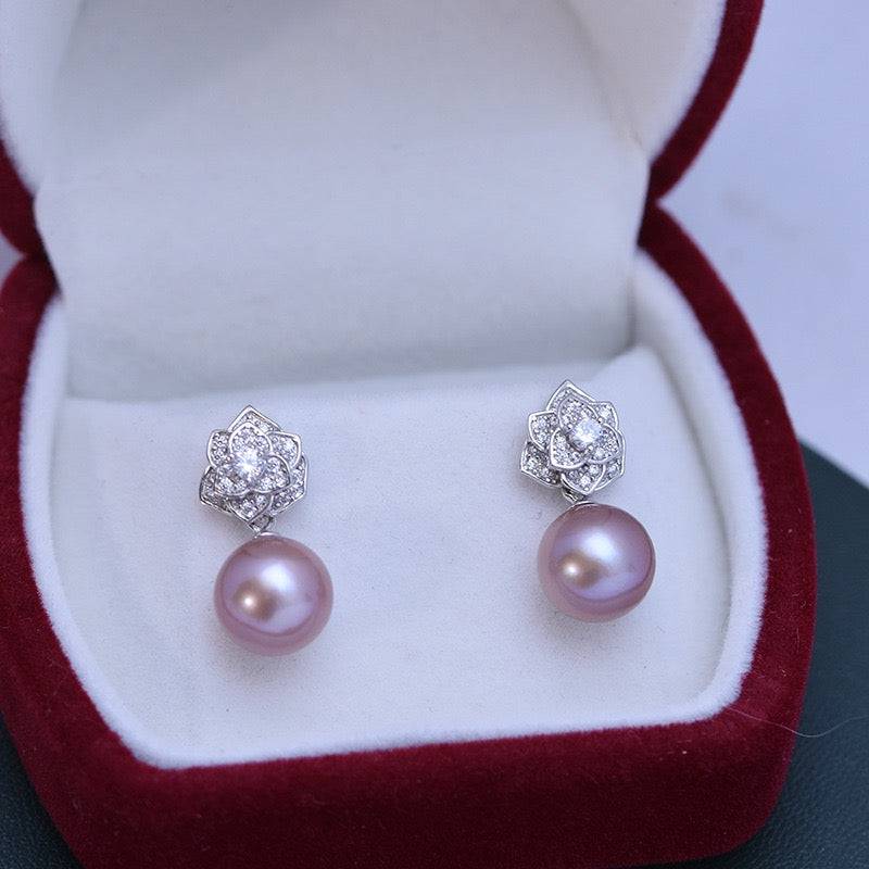 9-10mm Purple Freshwater Pearl & Floral Earrings
