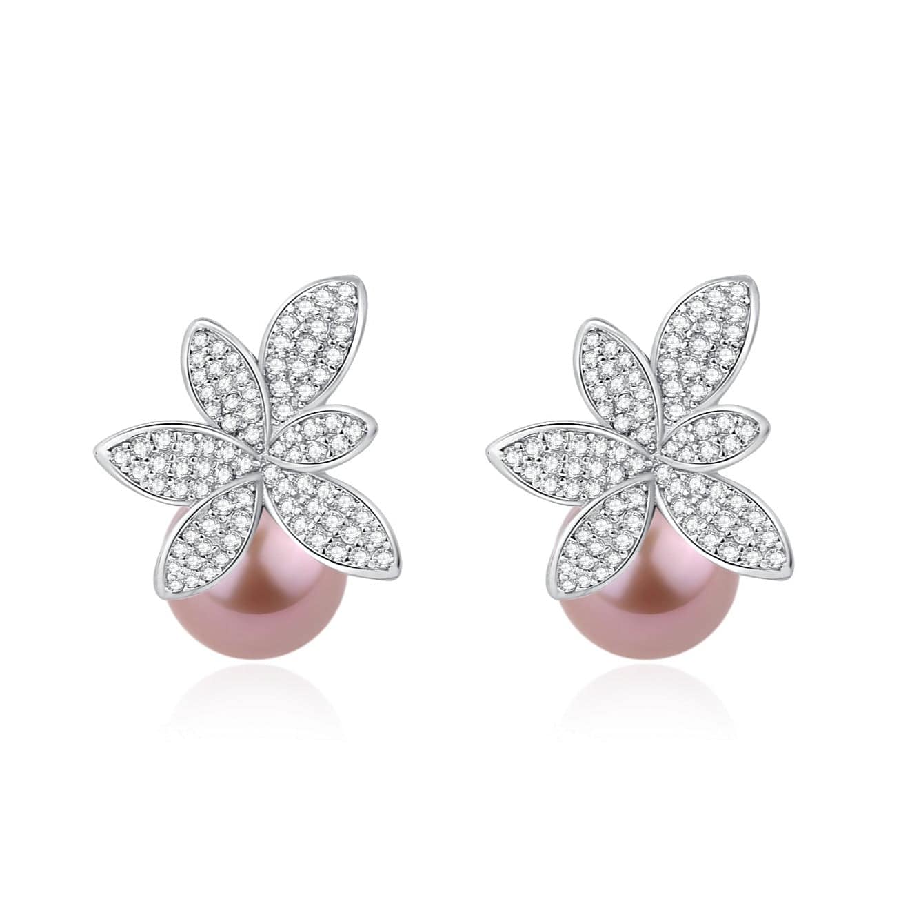 9-10mm Purple Freshwater Pearl & Floral Stud Earrings