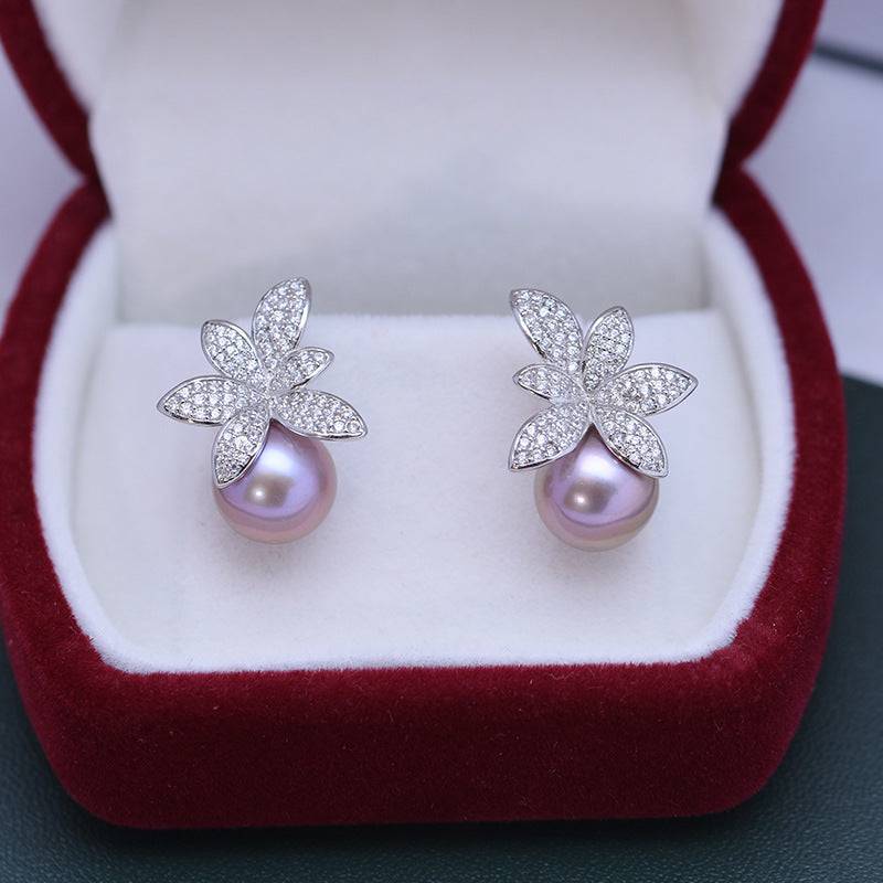 9-10mm Purple Freshwater Pearl & Floral Stud Earrings