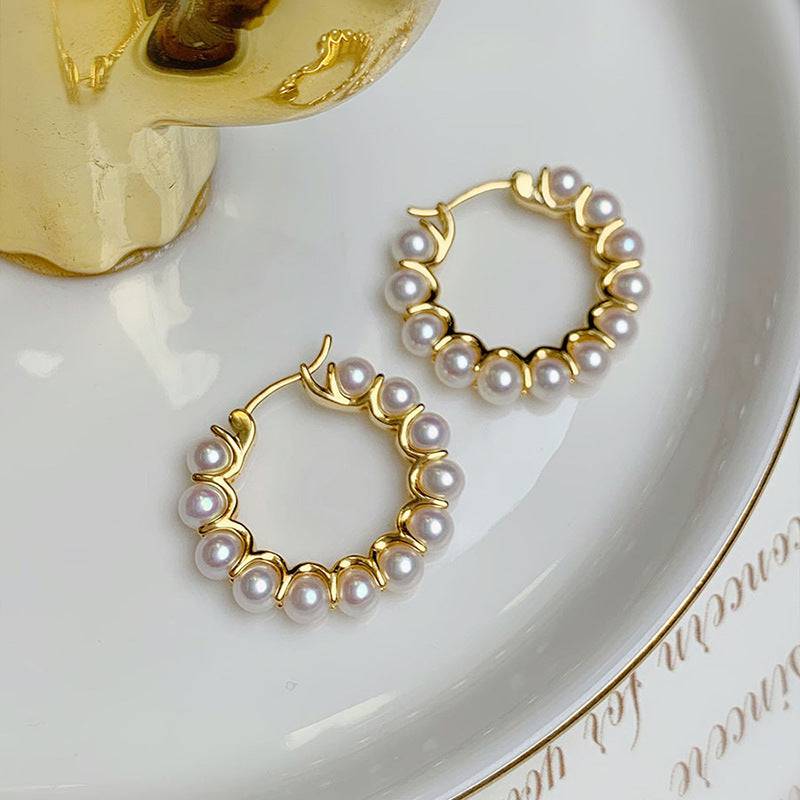 Circle Pearl Hoop Earrings Gold Vermeil