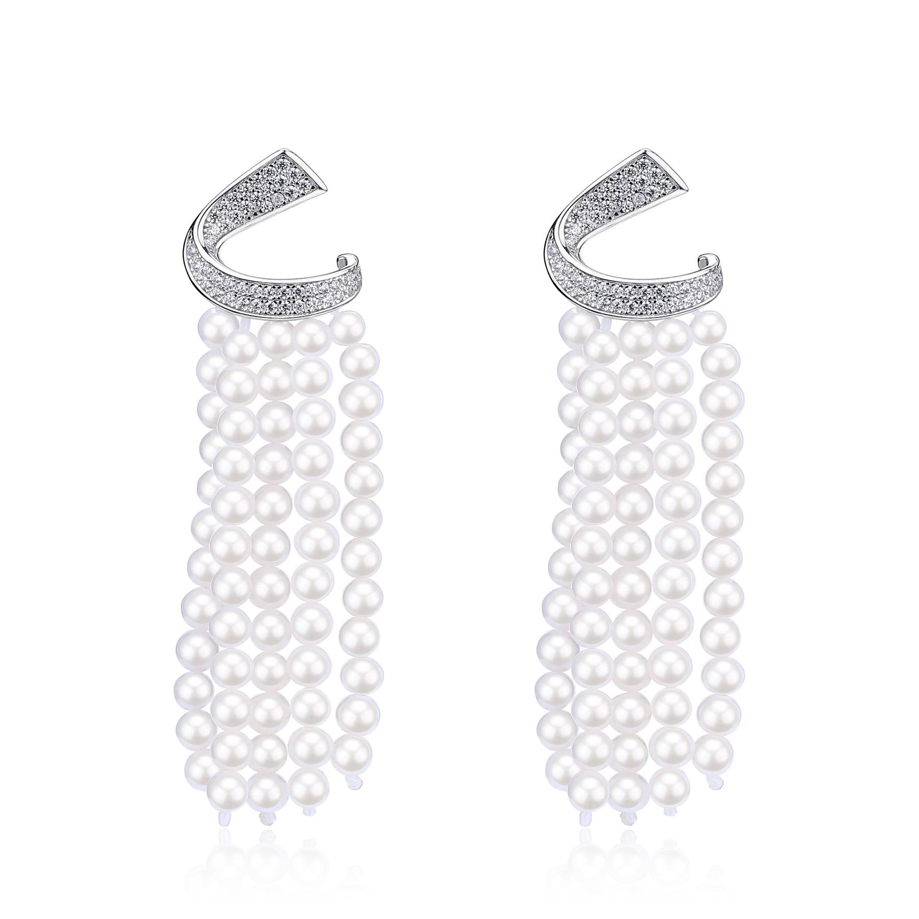 Curved Cubic Zirconia & Multi-Chain Pearl Earrings