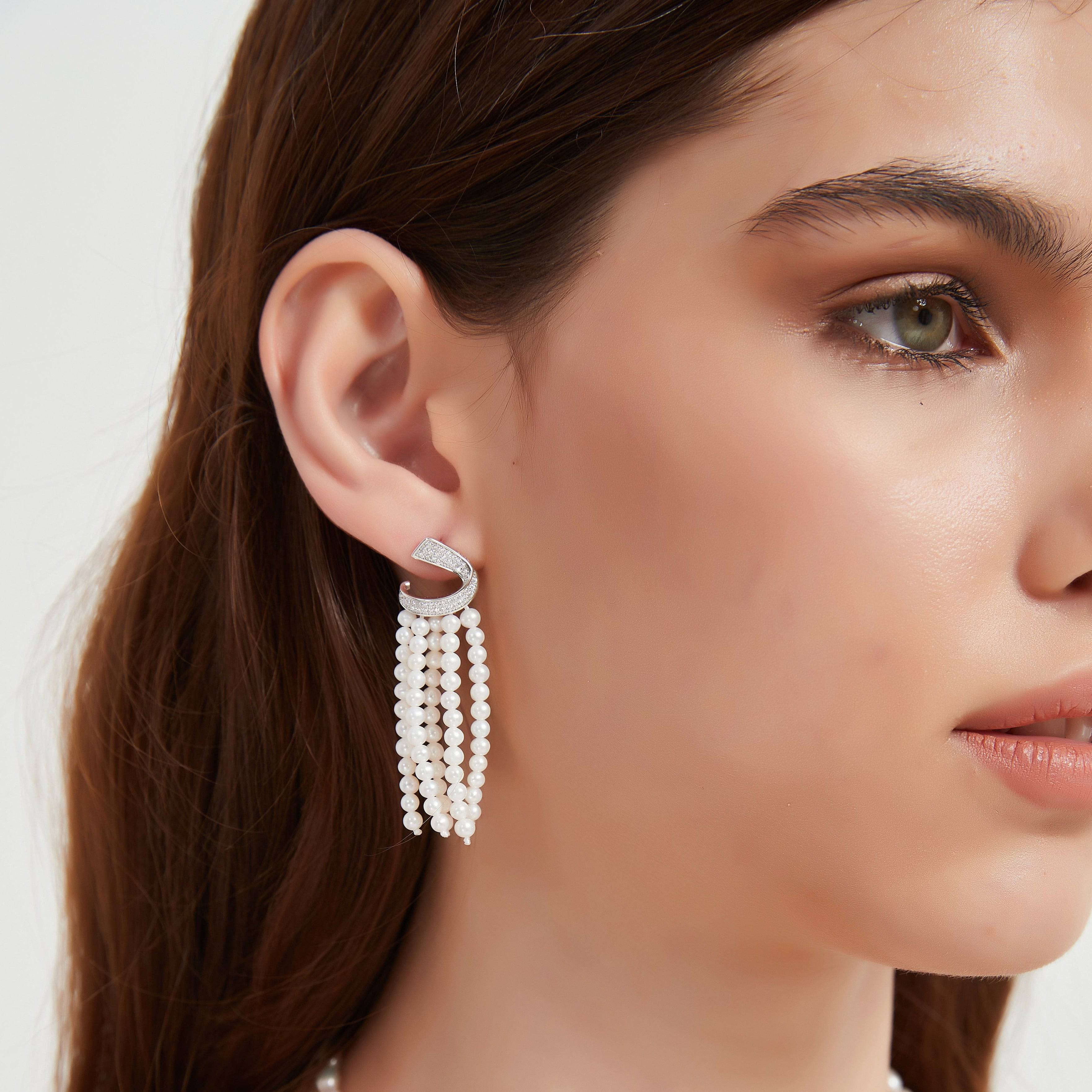 Curved Cubic Zirconia & Multi-Chain Pearl Earrings