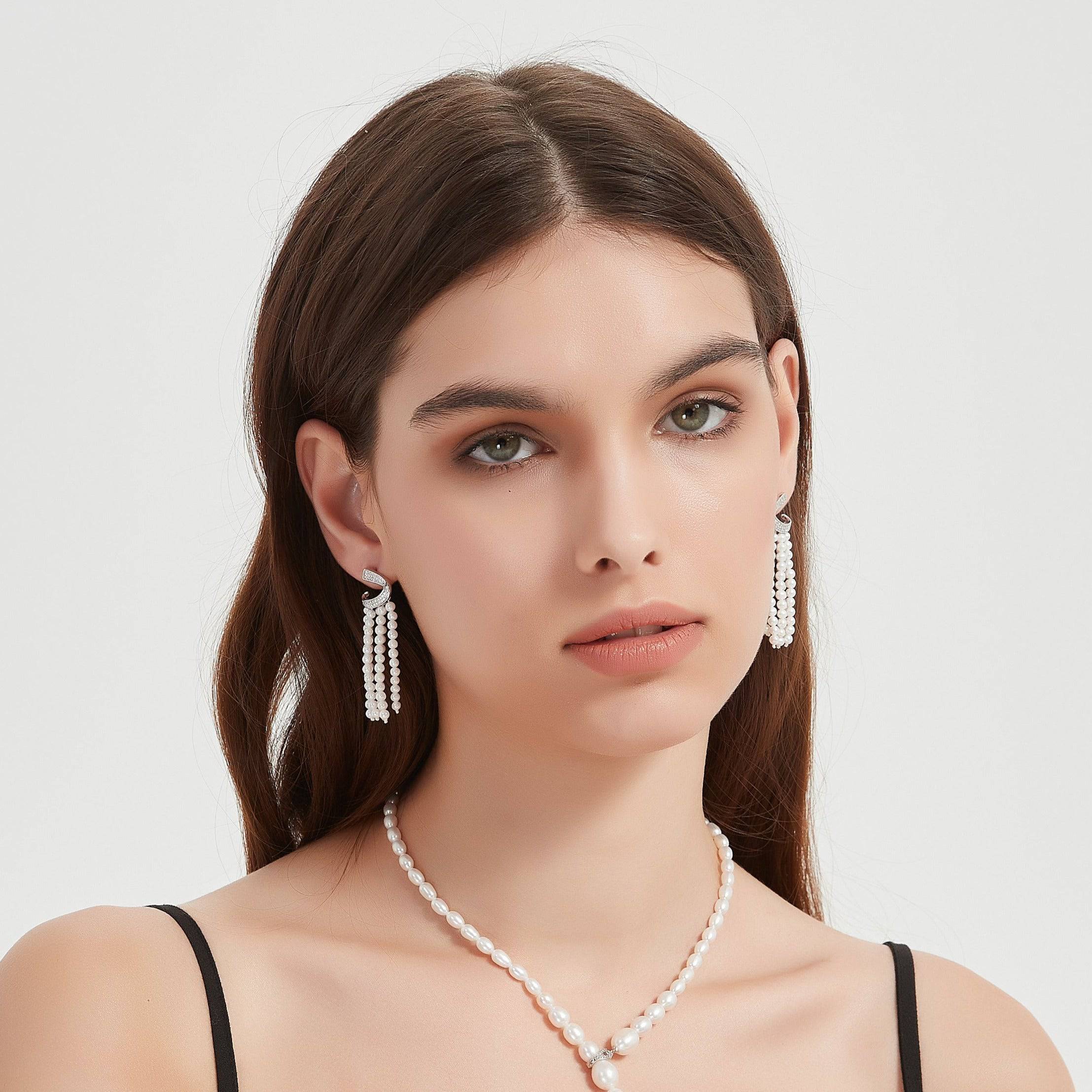 Curved Cubic Zirconia & Multi-Chain Pearl Earrings