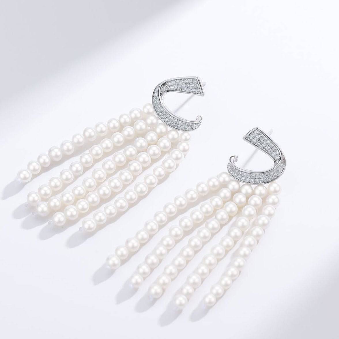 Curved Cubic Zirconia & Multi-Chain Pearl Earrings