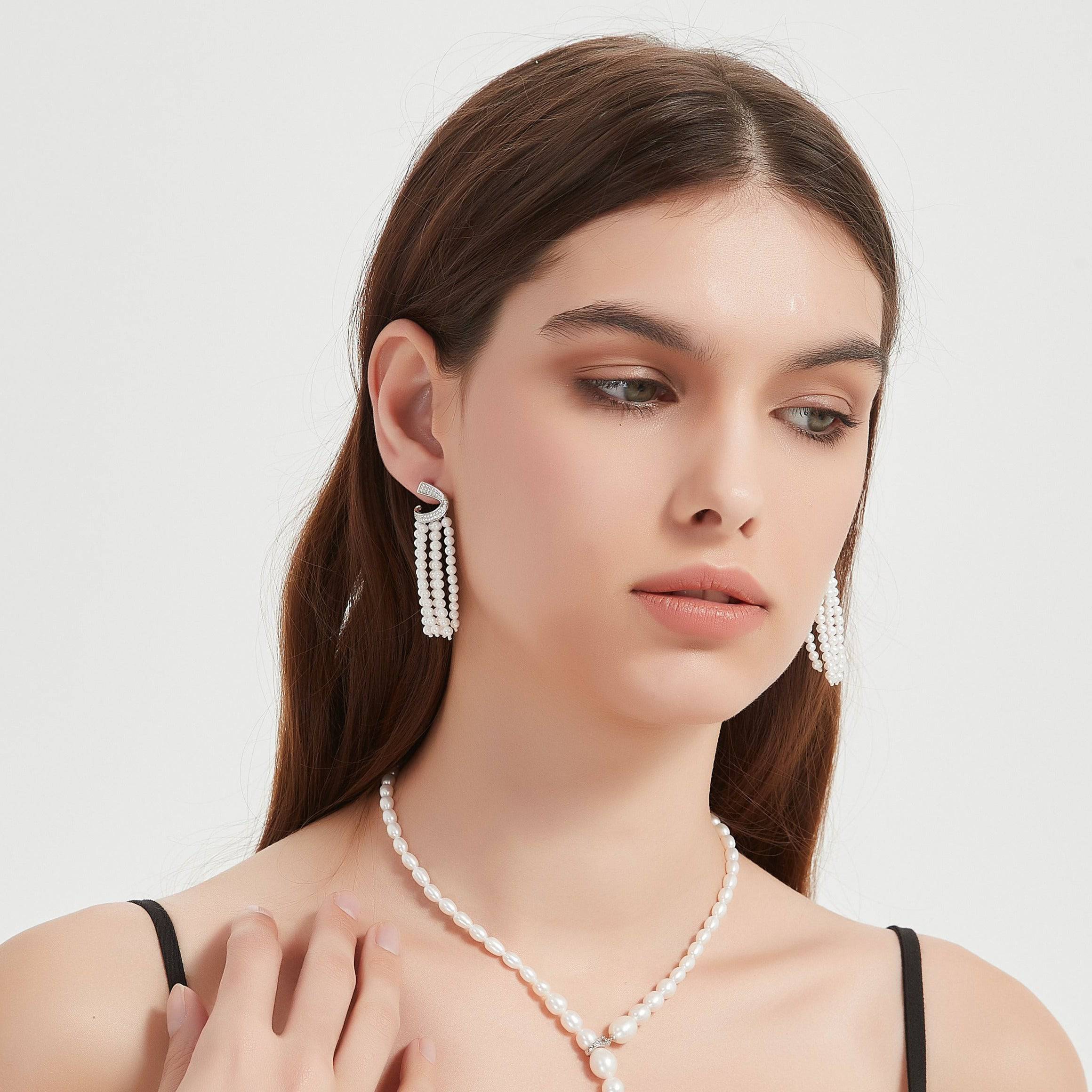 Curved Cubic Zirconia & Multi-Chain Pearl Earrings