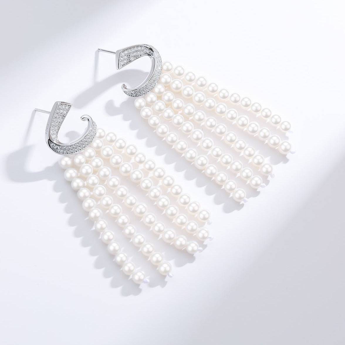 Curved Cubic Zirconia & Multi-Chain Pearl Earrings
