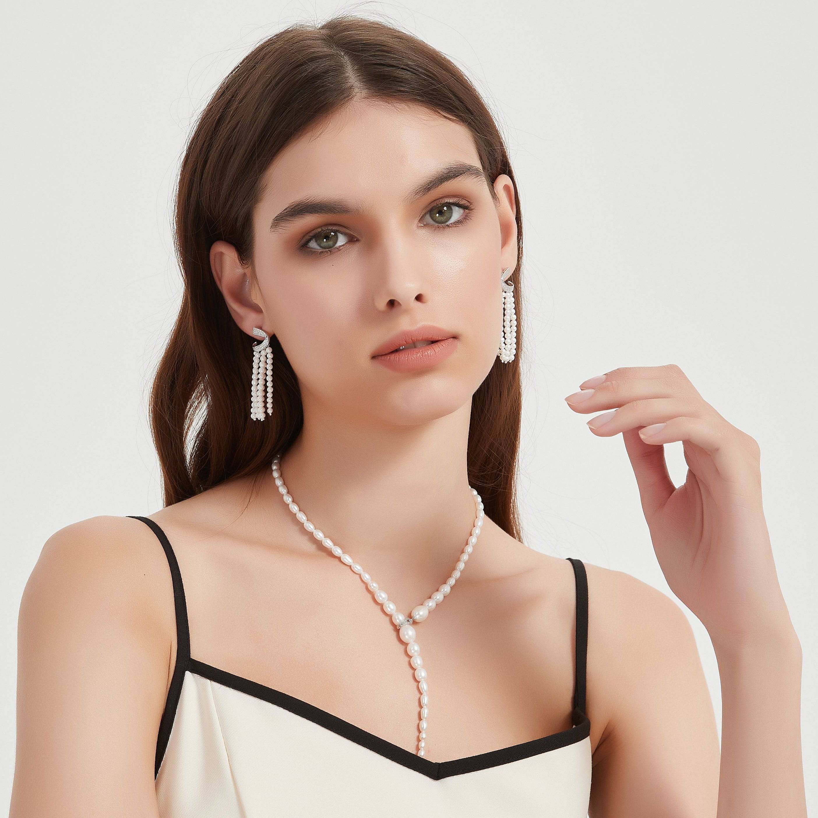 Curved Cubic Zirconia & Multi-Chain Pearl Earrings