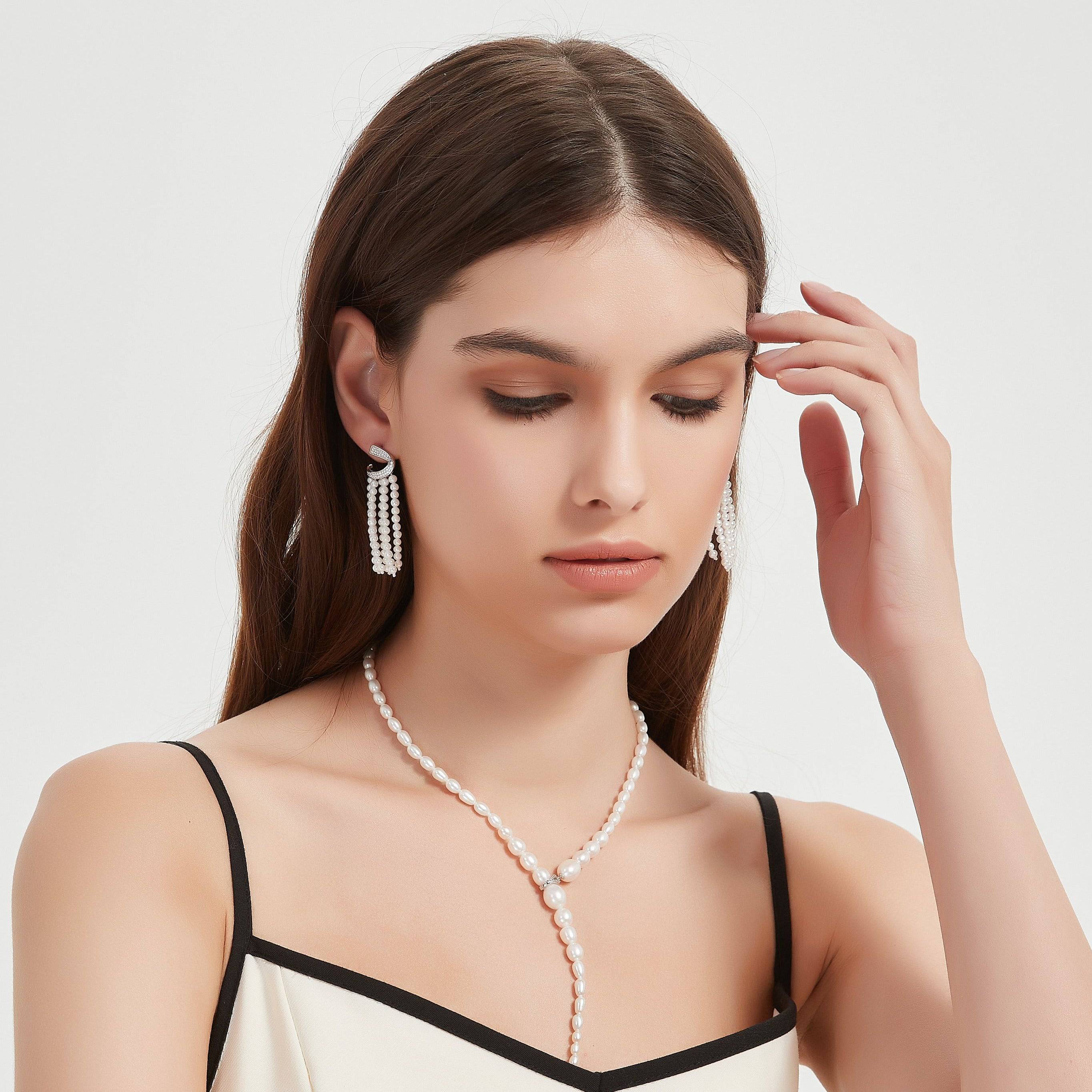 Curved Cubic Zirconia & Multi-Chain Pearl Earrings