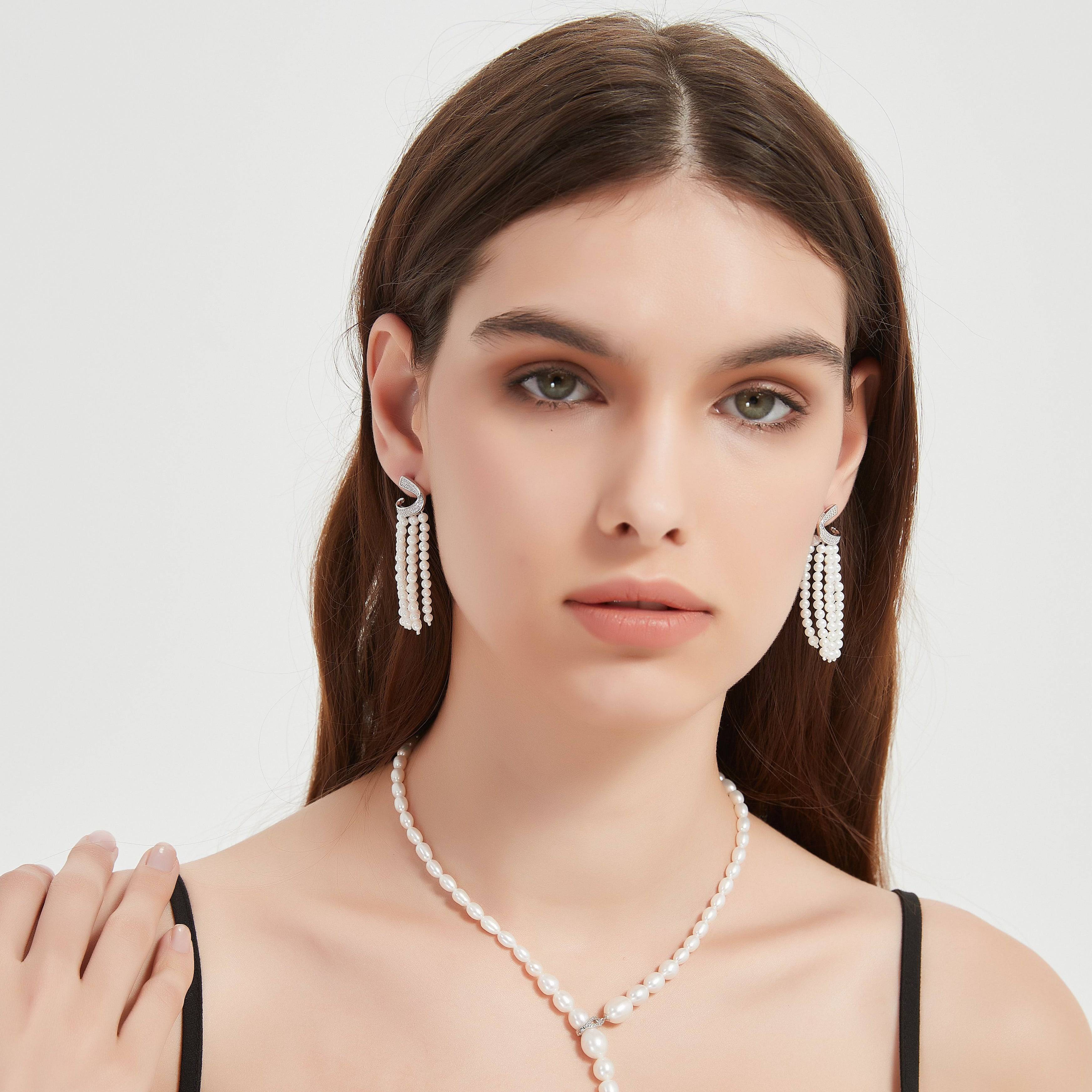 Curved Cubic Zirconia & Multi-Chain Pearl Earrings