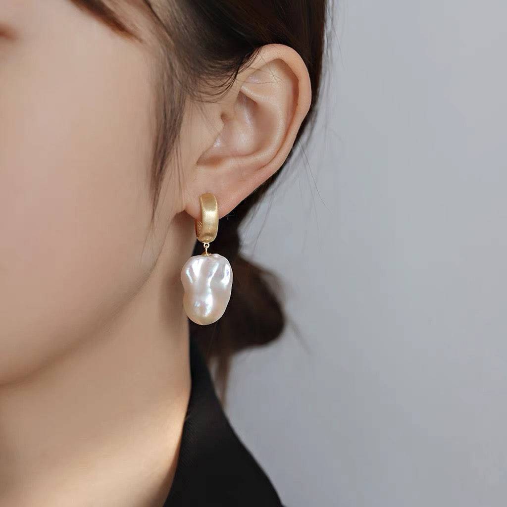 Large Baroque Pearl Hoop Earrings Matte Gold Finish