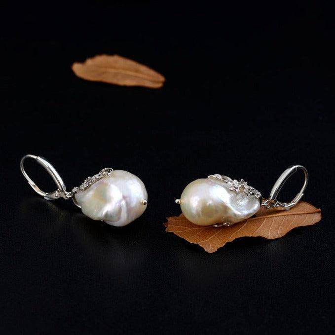 Flower White Freshwater Baroque Pearl Earrings Sterling Silver